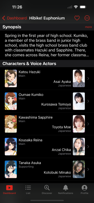 Screenshot of the details page, showing cast section