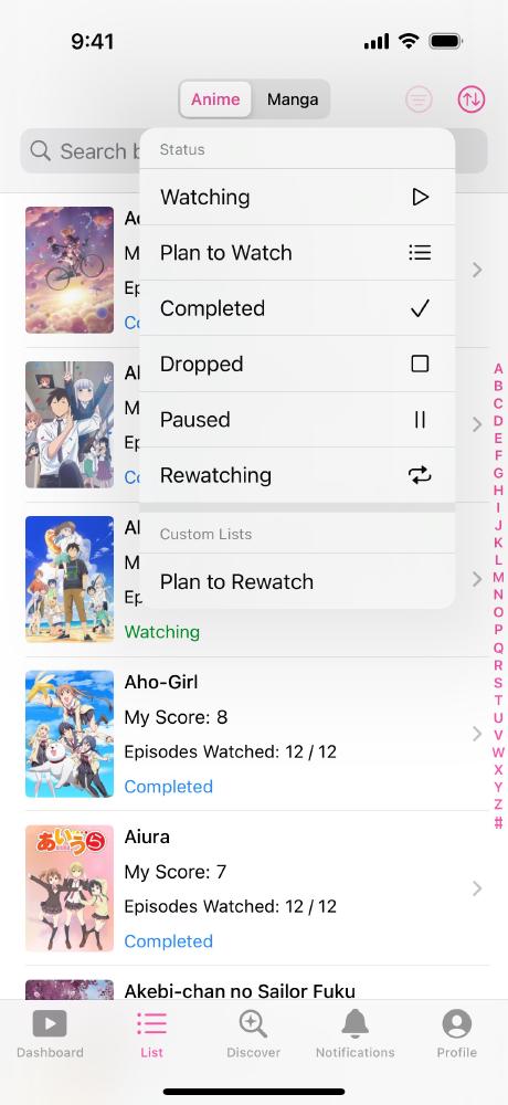 Screenshot of the List page