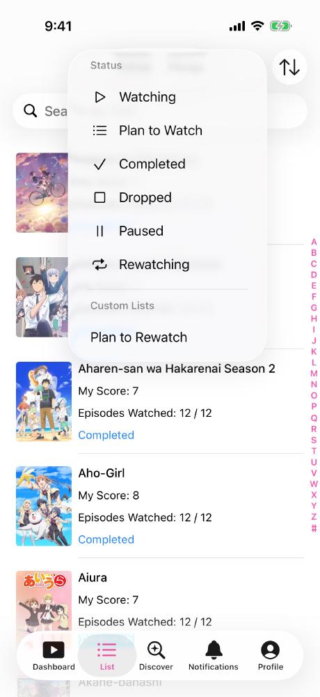 Screenshot of the List page