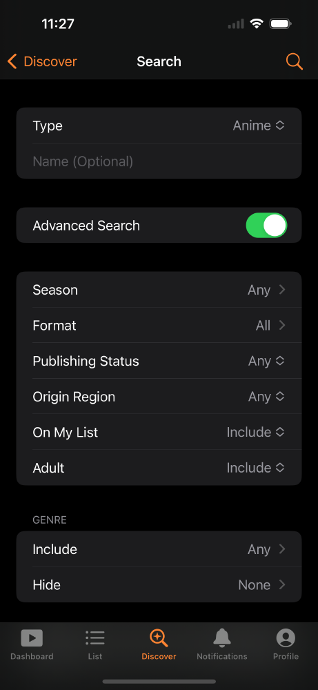 Screenshot of the search page with advanced options shown