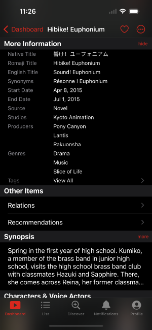 Screenshot of the details page, showing more info section