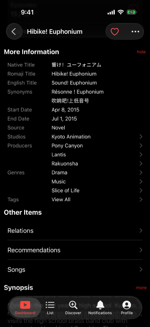 Screenshot of the details page, showing more info section