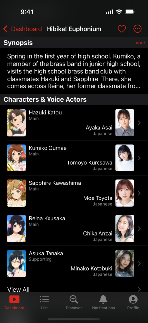 Screenshot of the details page, showing cast section