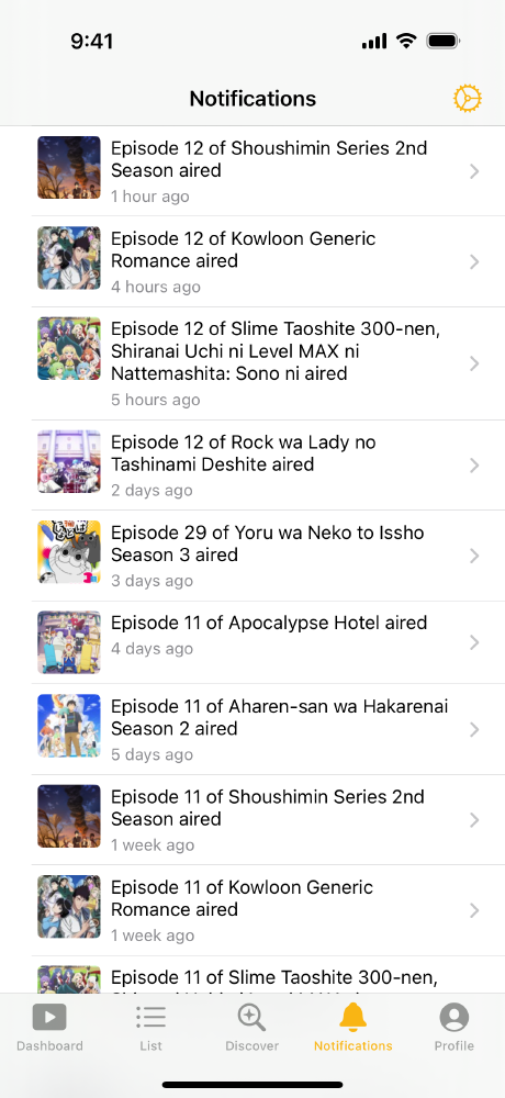 Screenshot of the AniList notifications list