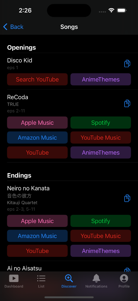 Screenshot of a list of songs for an anime